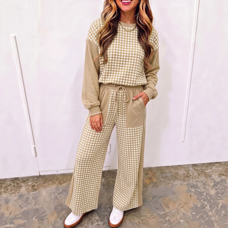 Plaid-paneled crew-neck top and drawstring wide-leg trousers
