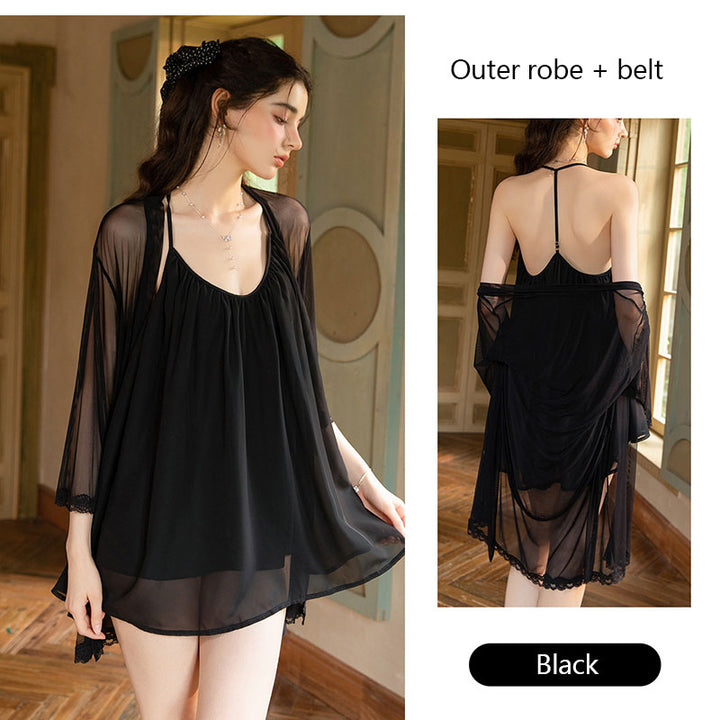 Sexy halter-neck low-cut nightgown and mesh robe set
