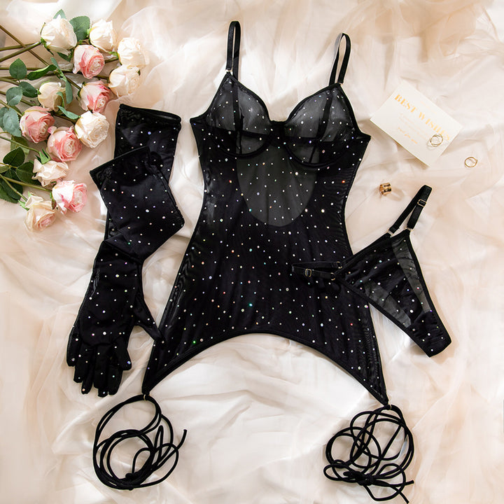 Shimmering Sheer Mesh Lace-Up Bodysuit Set