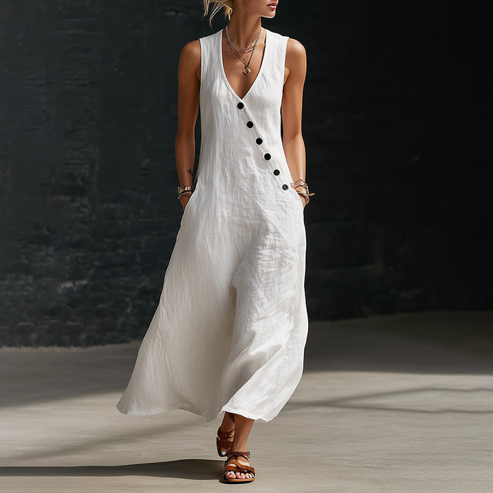 New Sleeveless Cotton-Linen Maxi Dress with V-Neck and Front Button Closure