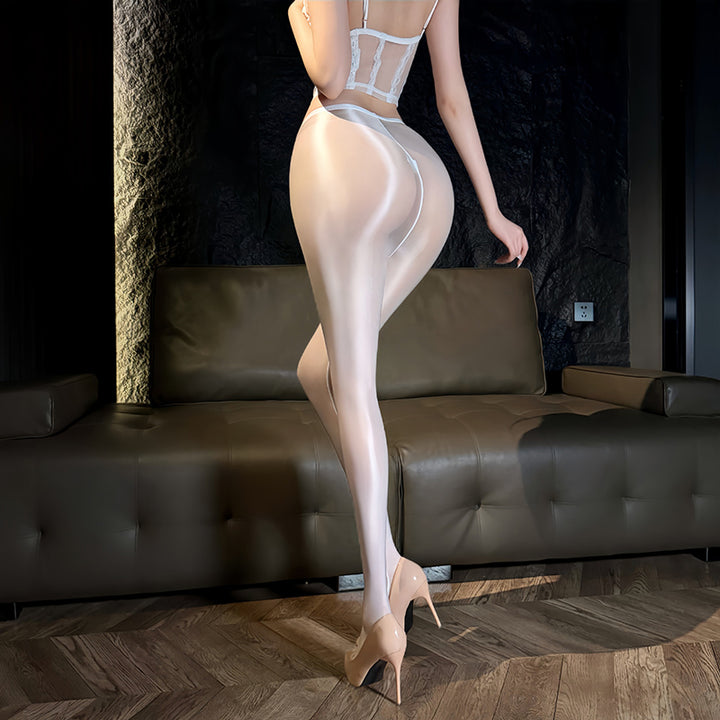Sheer, high-gloss, silky-textured pantyhose.