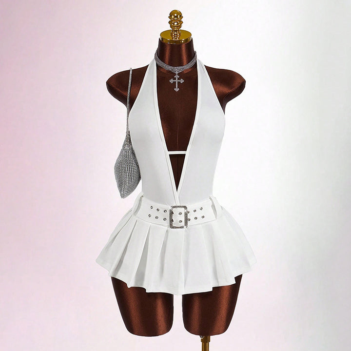 Stylish solid-color sexy halter-neck backless ruched mini dress