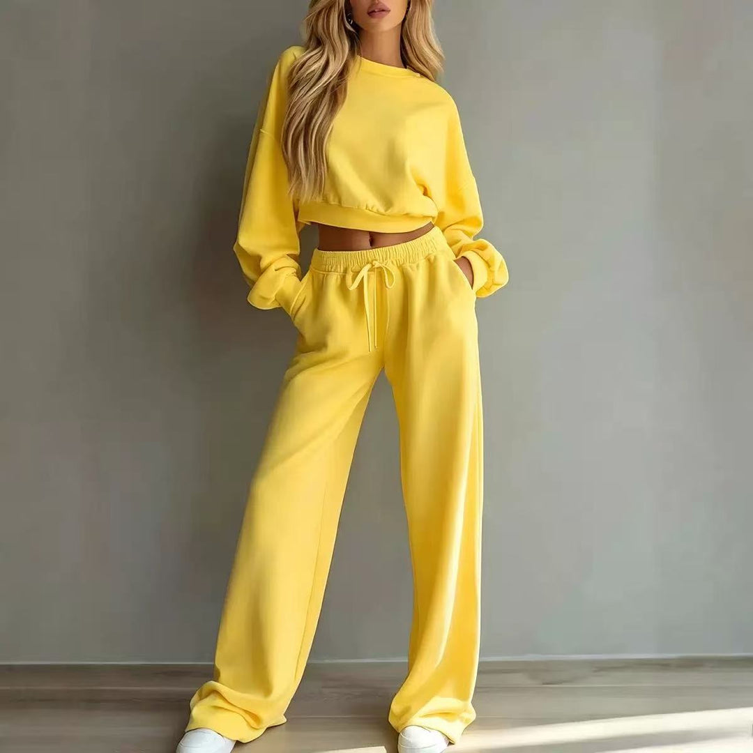 New casual cropped long-sleeve sweatshirt and wide-leg trousers