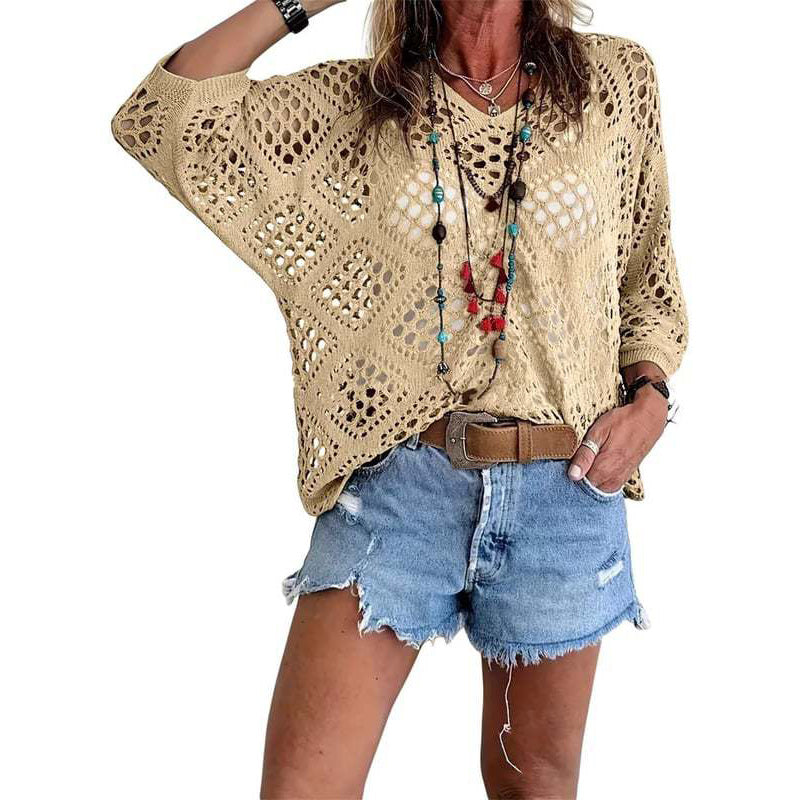 Spring/Summer V-neck batwing-sleeve knit pullover