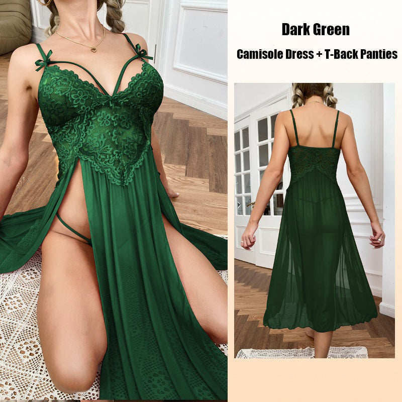 Sexy sheer mesh deep-V lace long nightgown