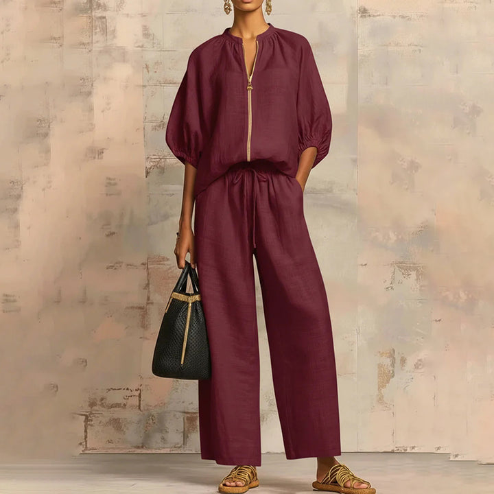 New Loose, Stylish Resort-Style Zip-Neck Wide-Leg Pant Set