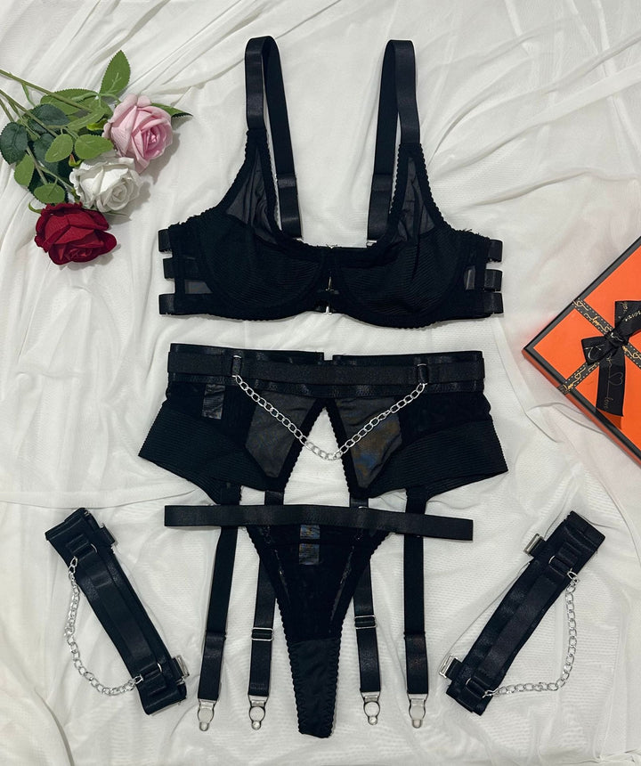 Black sheer-panel lingerie set with chain embellishment
