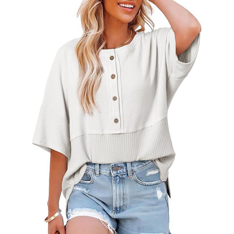 New casual color-block T-shirt with three-quarter sleeves