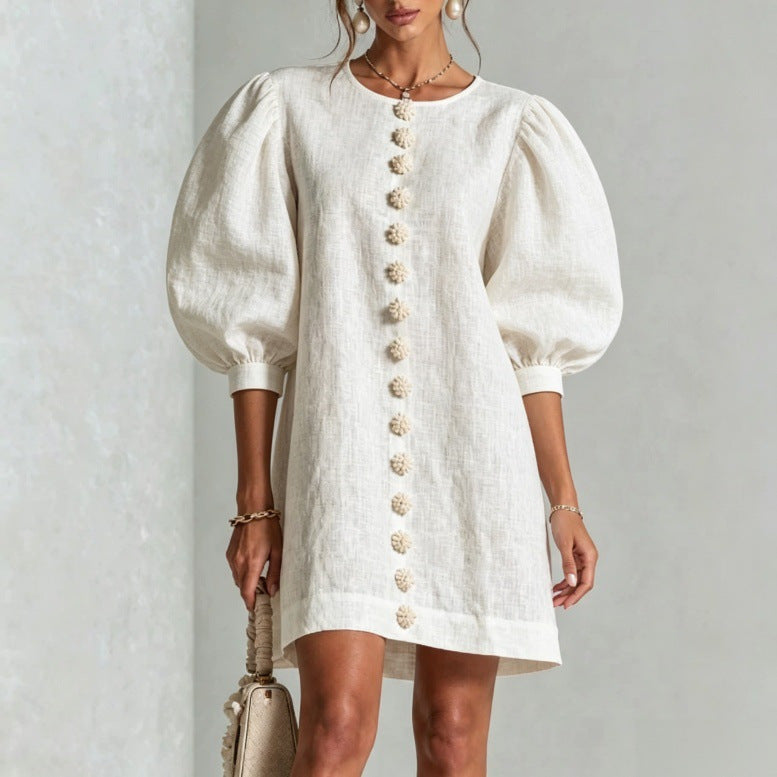 New Autumn/Winter Cotton-Linen Dress with Lantern Sleeves