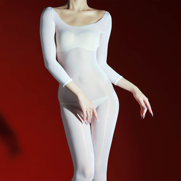 Glossy, sheer, open-crotch bodysuit