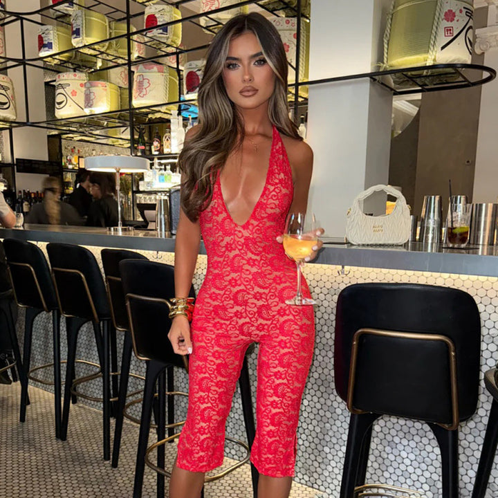 Sexy lace halter-neck backless romper