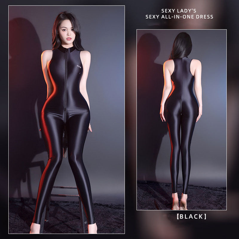 A glossy, silky-smooth, and highly elastic bodysuit.