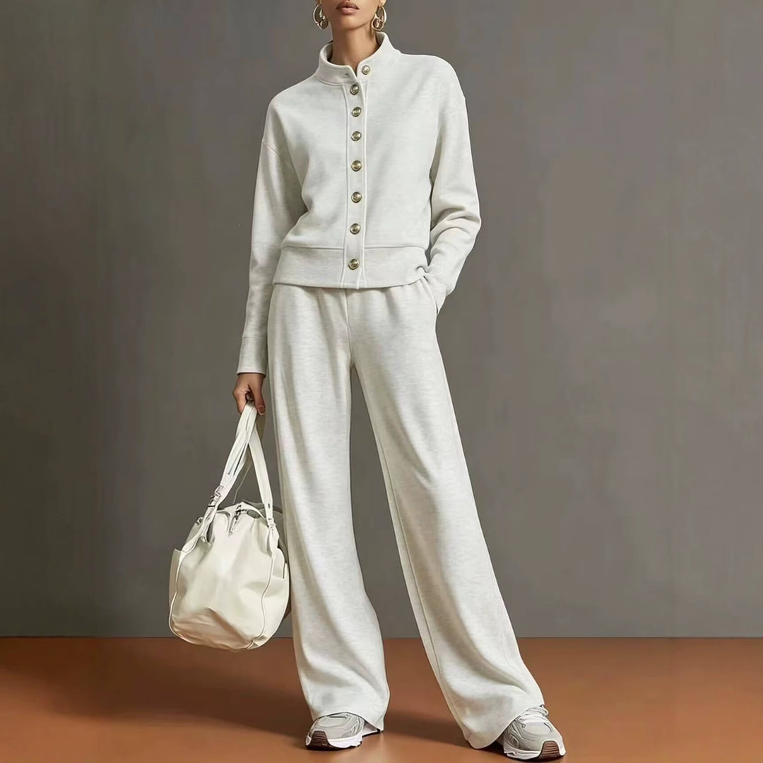 New solid-color stand-collar sweatshirt and wide-leg pants set
