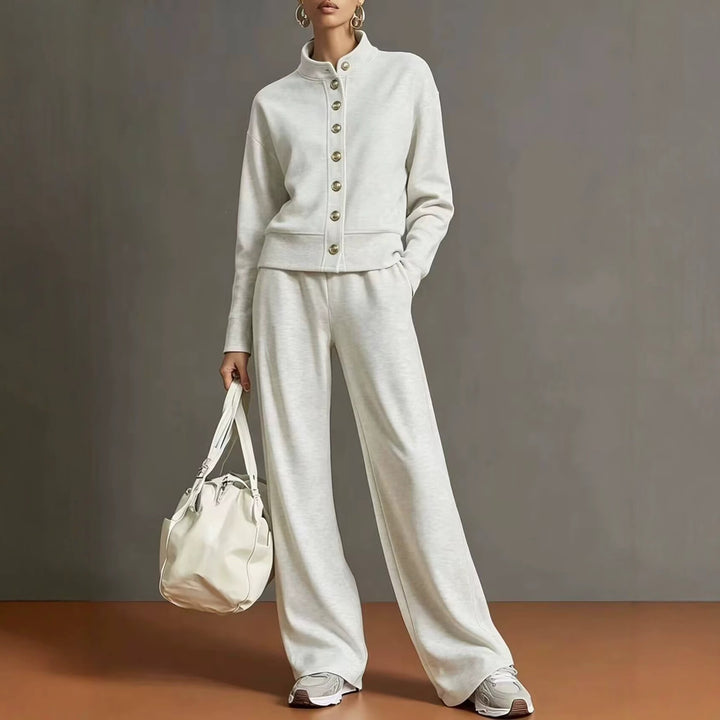 New solid-color stand-collar sweatshirt and wide-leg pants set