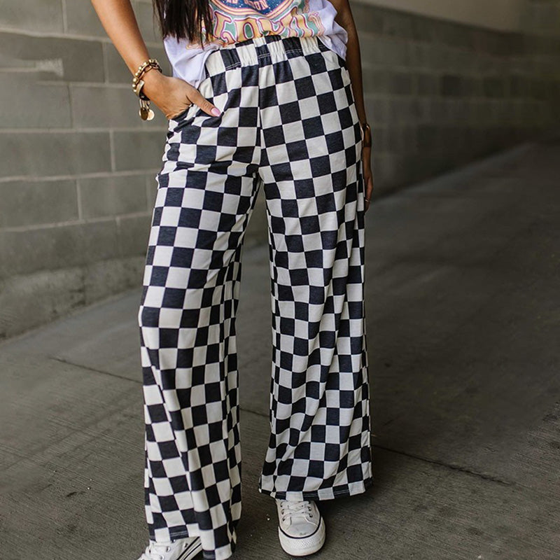 New 3D-print casual trousers: loose, high-waisted, wide-leg fit.
