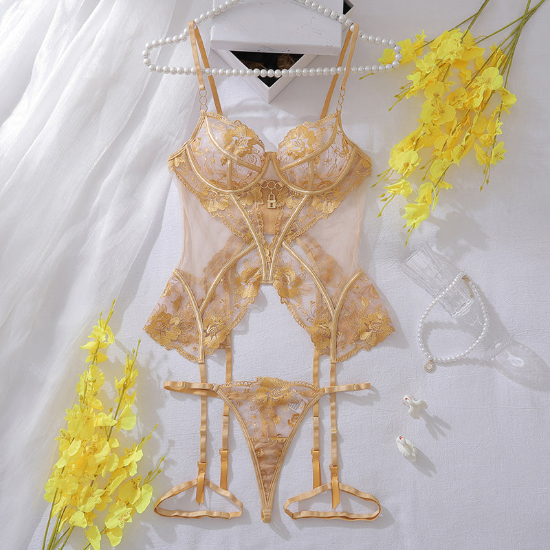 Best-selling sheer embroidered mesh lingerie set