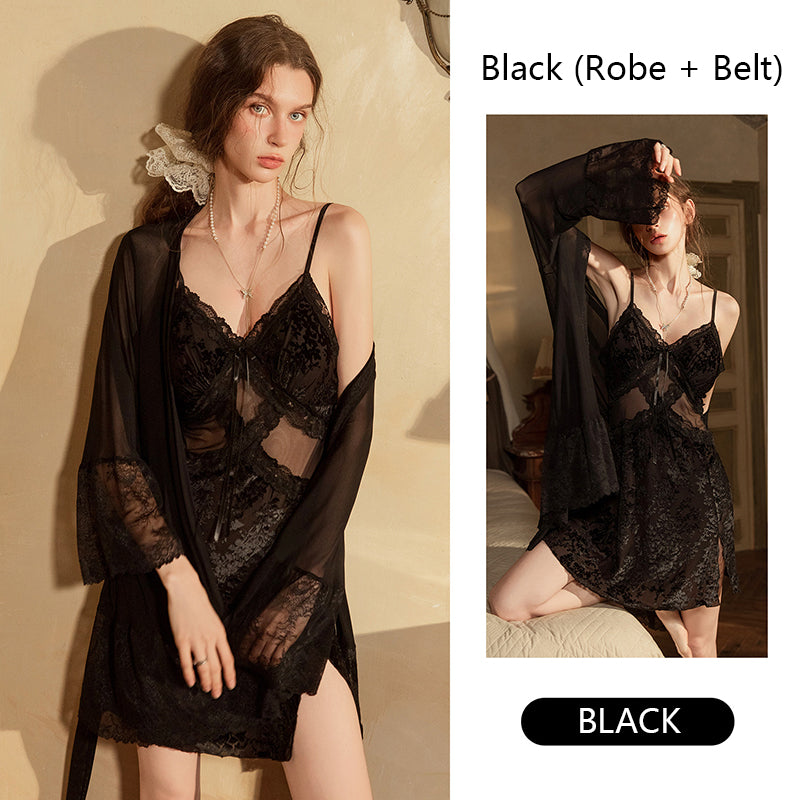 Luxurious sheer backless lace-up nightgown set