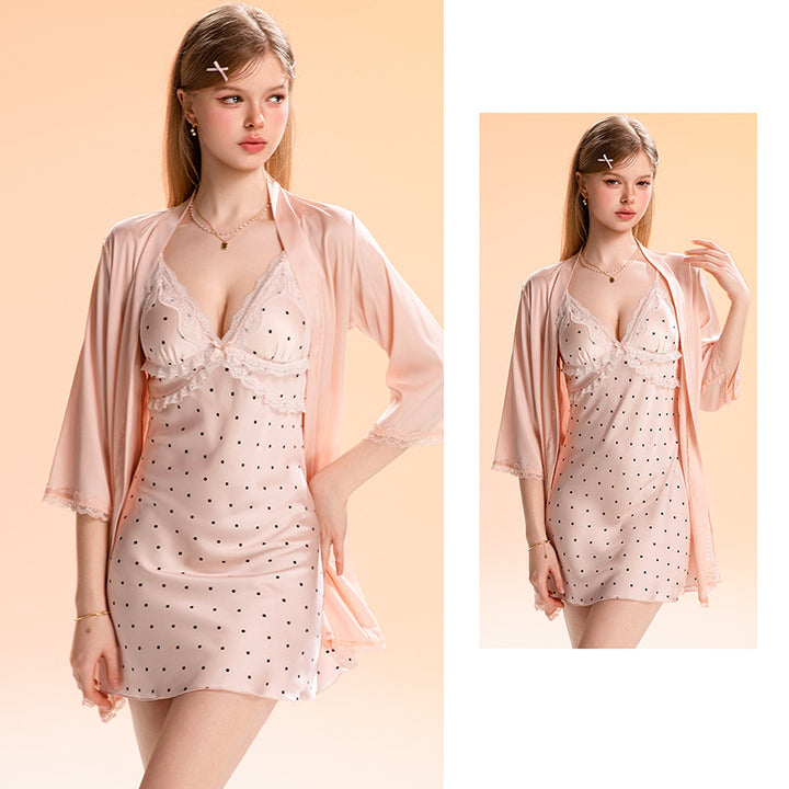 Affordable Luxury Satin Set: Polka-Dot Nightgown and Robe