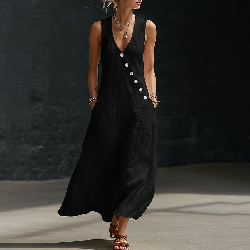 New Sleeveless Cotton-Linen Maxi Dress with V-Neck and Front Button Closure