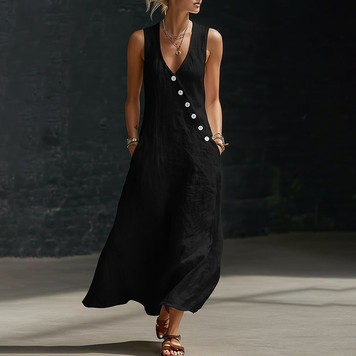 New Sleeveless Cotton-Linen Maxi Dress with V-Neck and Front Button Closure