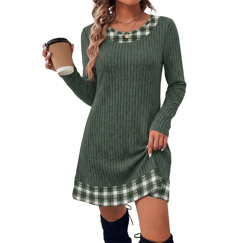 Plaid-Panel Casual Knit Sweater Dress