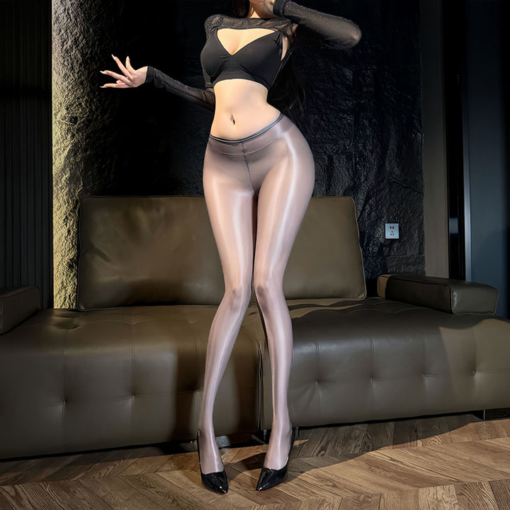 Sheer, high-gloss, silky-textured pantyhose.