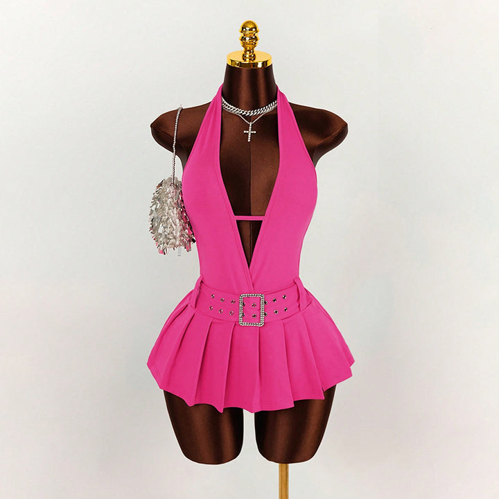 Stylish solid-color sexy halter-neck backless ruched mini dress