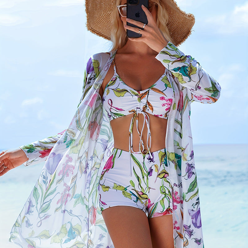 New 3-Piece Beach Swimwear Set (Includes Bow-Accented Cover-Up)