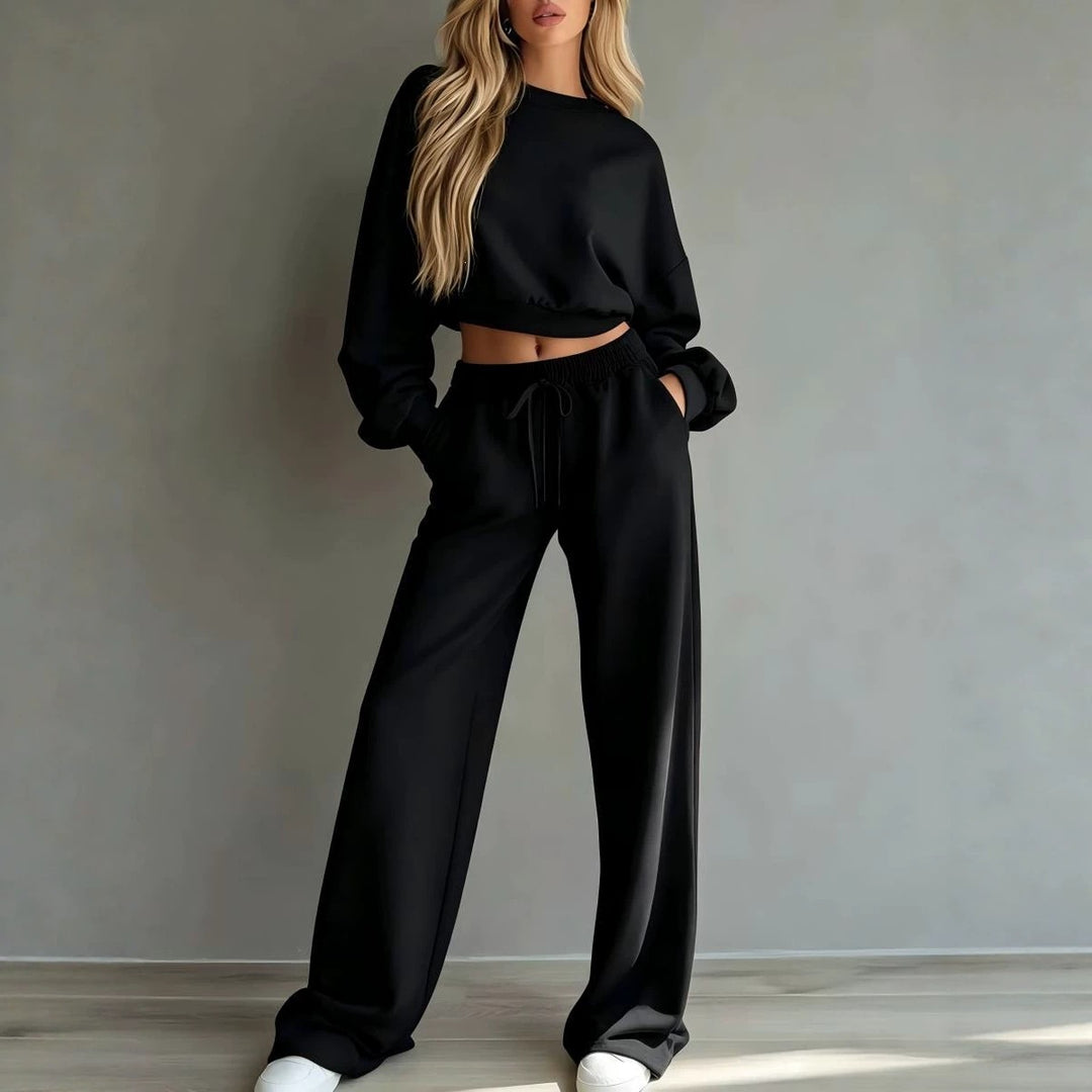 New casual cropped long-sleeve sweatshirt and wide-leg trousers