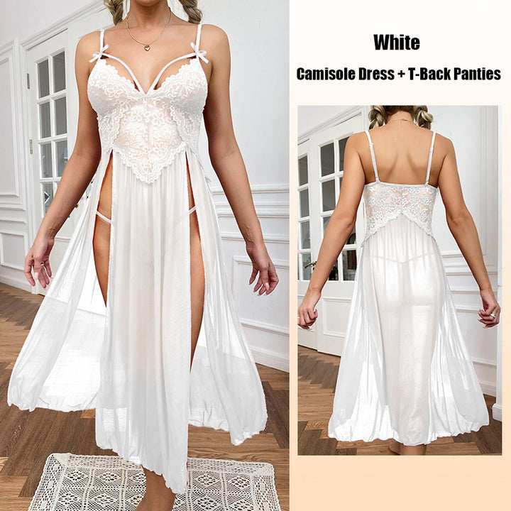 Sexy sheer mesh deep-V lace long nightgown