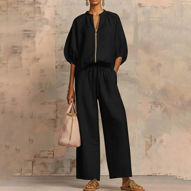 New Loose, Stylish Resort-Style Zip-Neck Wide-Leg Pant Set