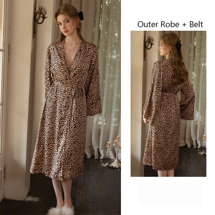 Silky Satin and Lace Long Robe with Leopard-Print Tie-Belt