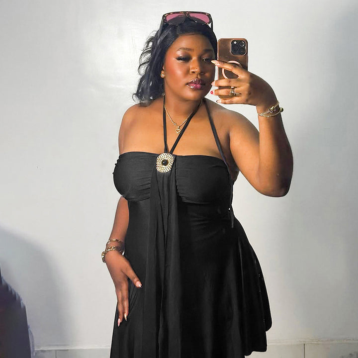 Ruched halter-neck strapless mini dress