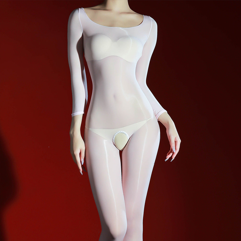Glossy, sheer, open-crotch bodysuit