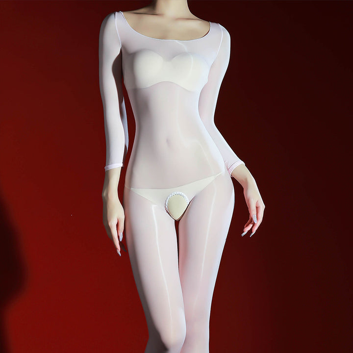 Glossy, sheer, open-crotch bodysuit