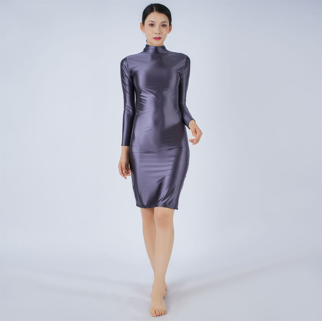 New High-stretch, silky-sheen long-sleeve dress