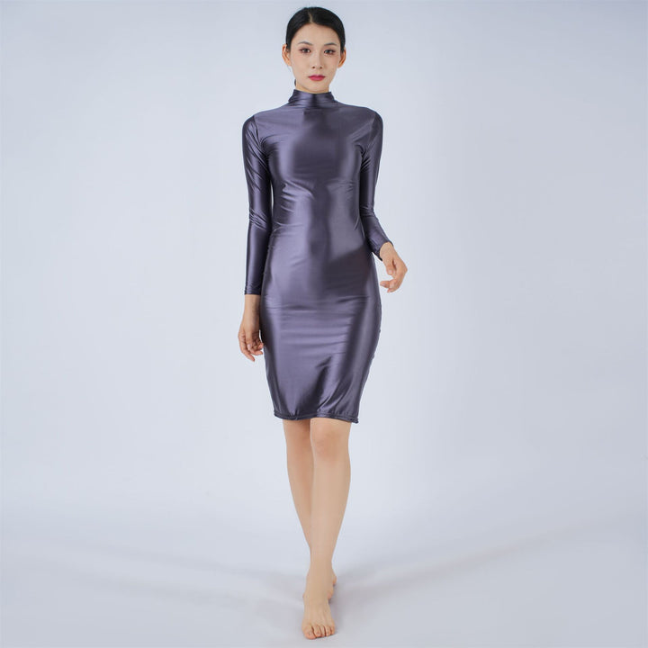 New High-stretch, silky-sheen long-sleeve dress