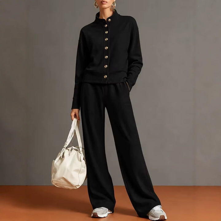 New solid-color stand-collar sweatshirt and wide-leg pants set