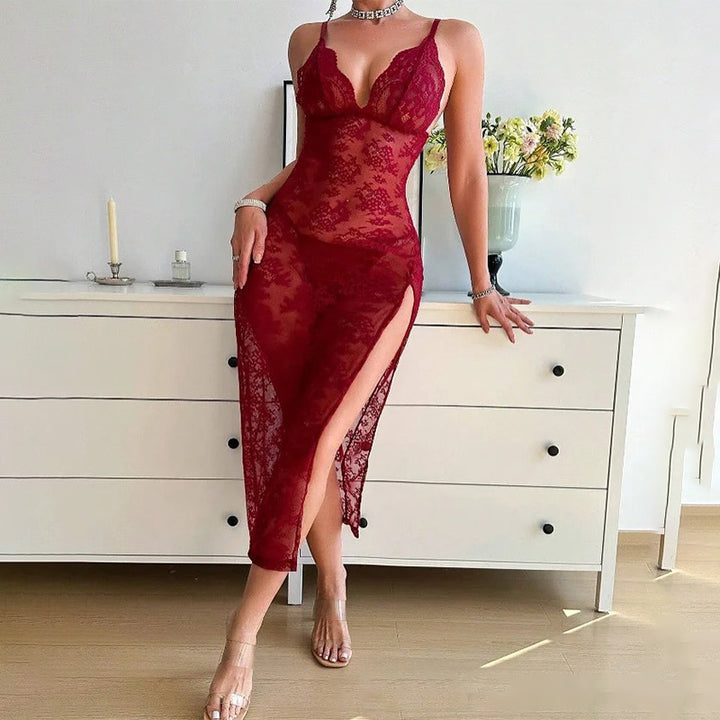 Slim-fit, sheer lace maxi dress with a side slit