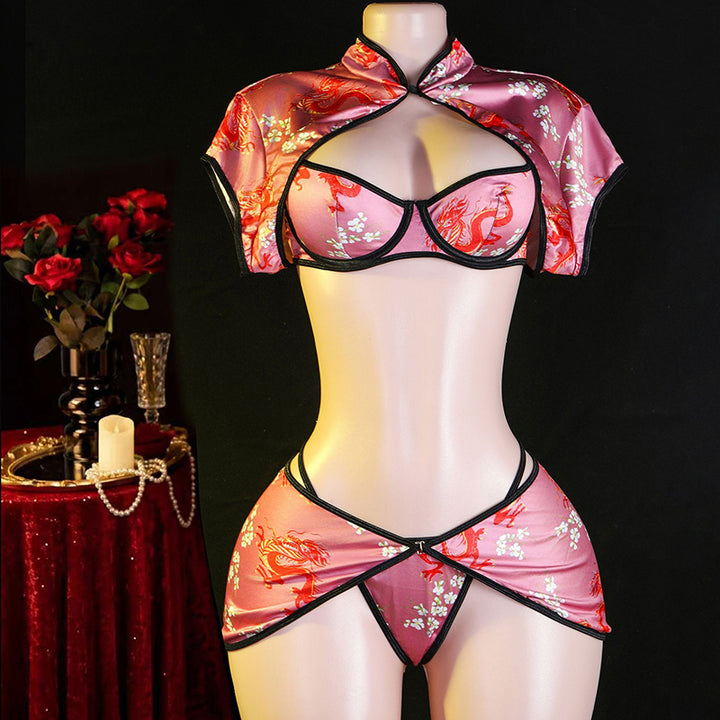Retro-style printed sheer lingerie set