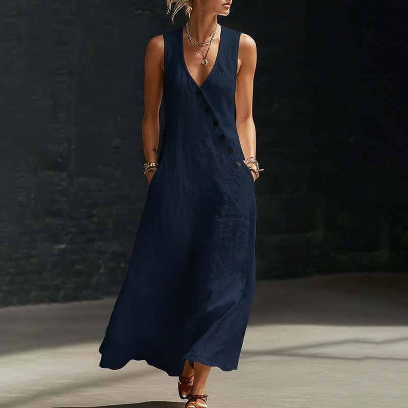 New Sleeveless Cotton-Linen Maxi Dress with V-Neck and Front Button Closure