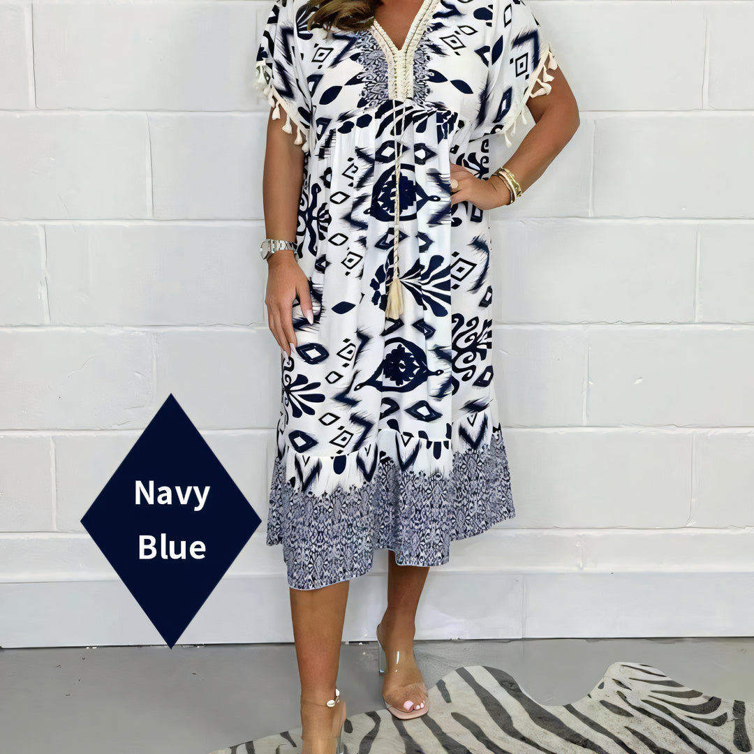 New Summer Fashionable Printed V-Neck Tassel Dress