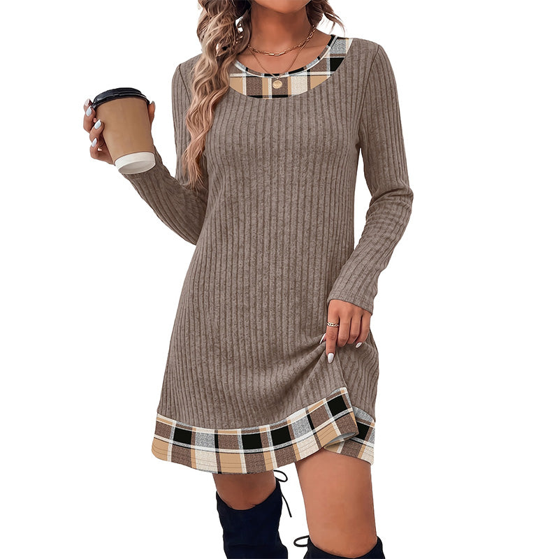 Plaid-Panel Casual Knit Sweater Dress