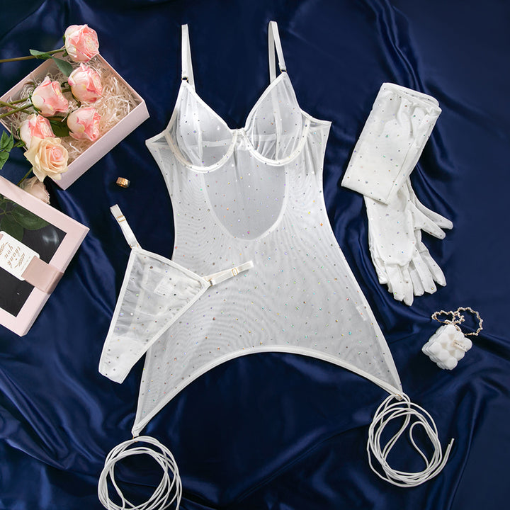 Shimmering Sheer Mesh Lace-Up Bodysuit Set