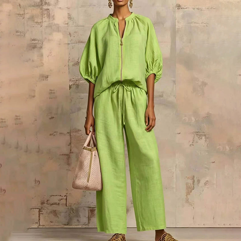 New Loose, Stylish Resort-Style Zip-Neck Wide-Leg Pant Set