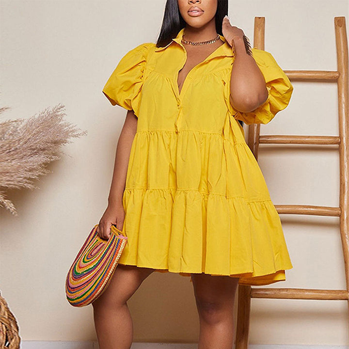 Stylish Casual Collared Puff-Sleeve Dress