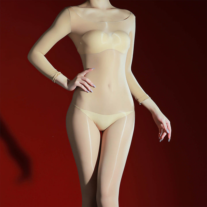 Glossy, sheer, open-crotch bodysuit