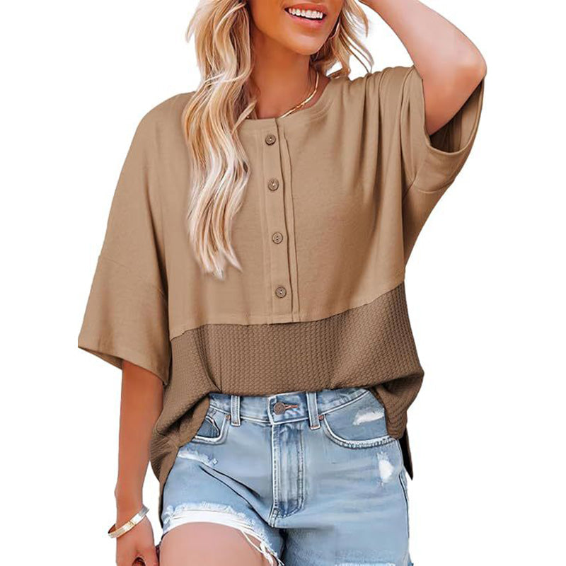 New casual color-block T-shirt with three-quarter sleeves