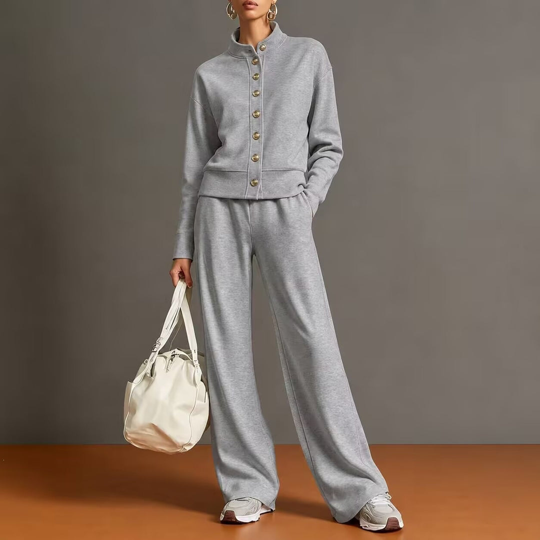 New solid-color stand-collar sweatshirt and wide-leg pants set