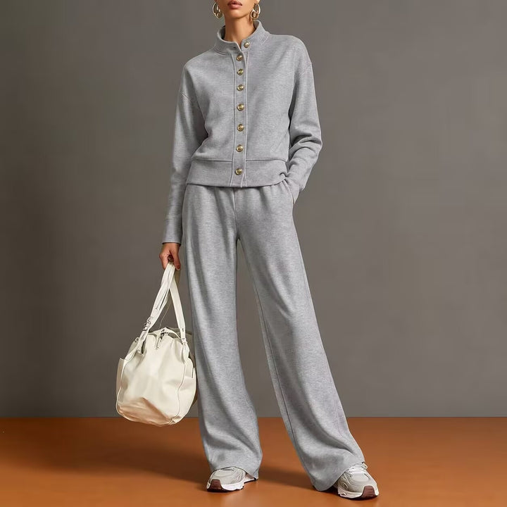 New solid-color stand-collar sweatshirt and wide-leg pants set